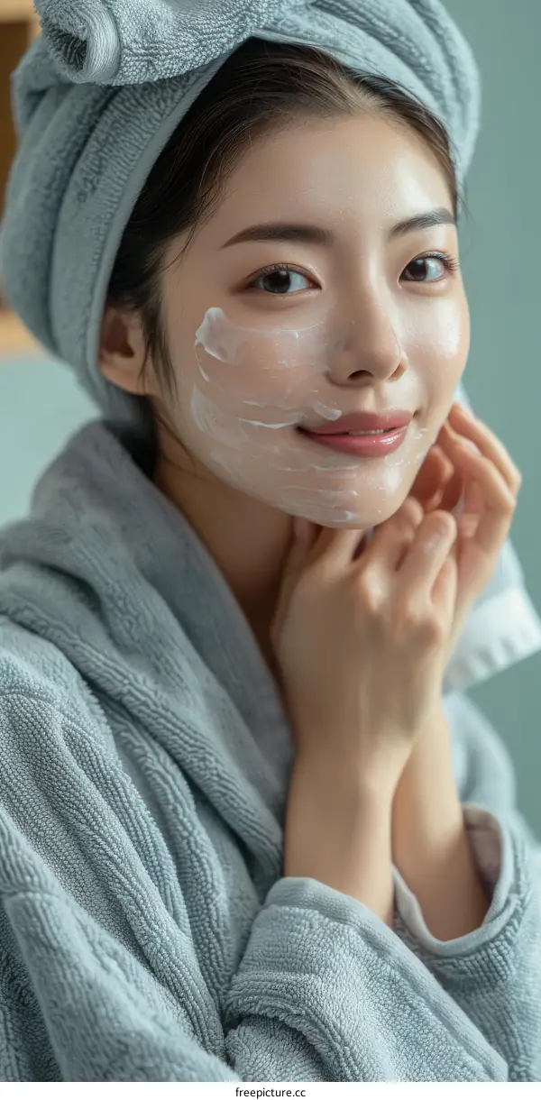 A young woman is applying face cream on her face