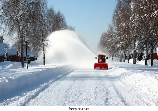 Snow removal machine clearing snow-covered road