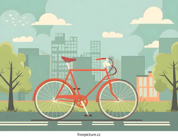 Red Bicycle in Cityscape Illustration
