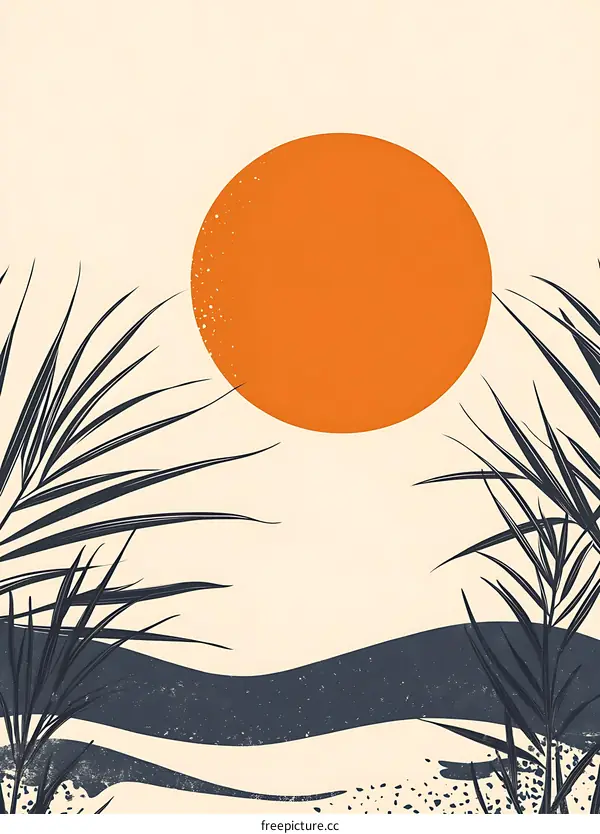Abstract Minimalist Sunset Illustration With Palm Tree Silhouette