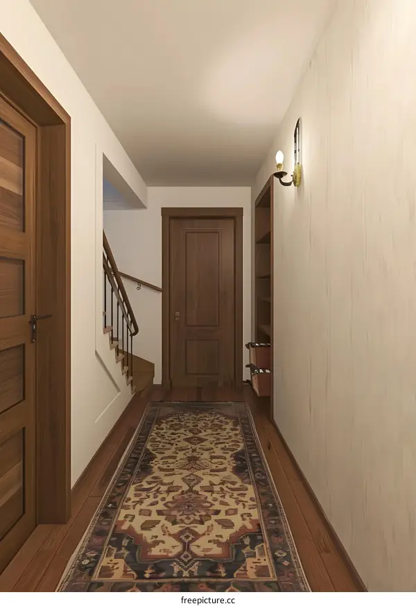 Hallway Interior Design with Wooden Doors and Rug