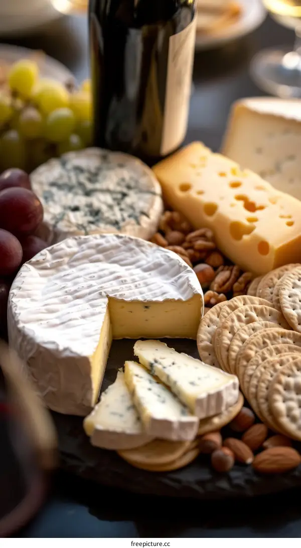 A variety of cheeses, grapes, and crackers are arranged on a slate board.
