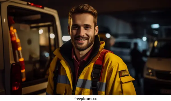 portrait of a young male paramedic in uniform smiling