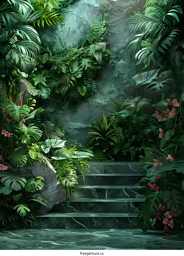 Tropical Rainforest with Lush Plants and Stone Steps