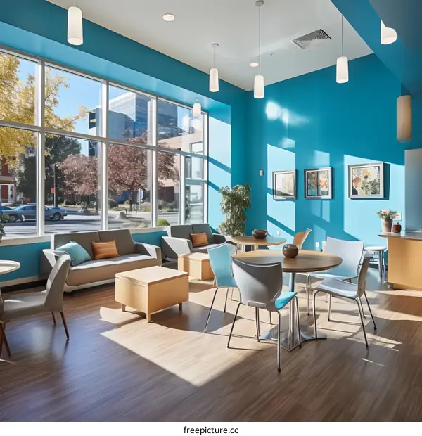 Blue modern office space with large windows and colorful furniture