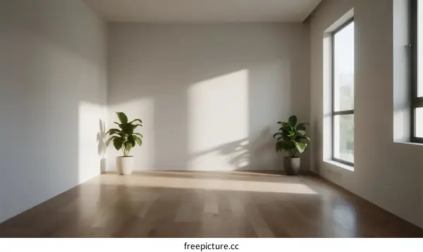 Bright and empty room with natural light and indoor plants