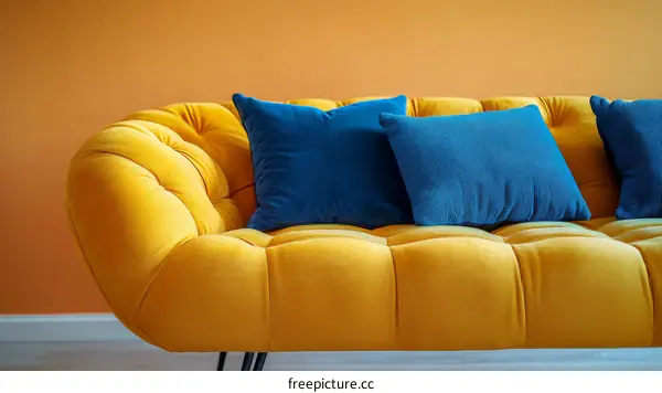 Modern Mustard Yellow Sofa with Blue Pillows