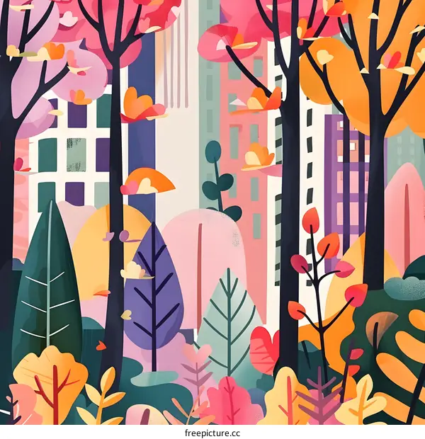 Colorful Illustration of City Buildings Hidden Behind Forest Trees