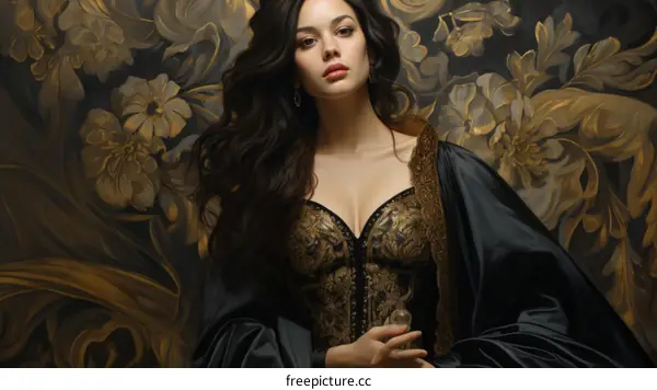 Portrait of a young woman in a black and gold dress