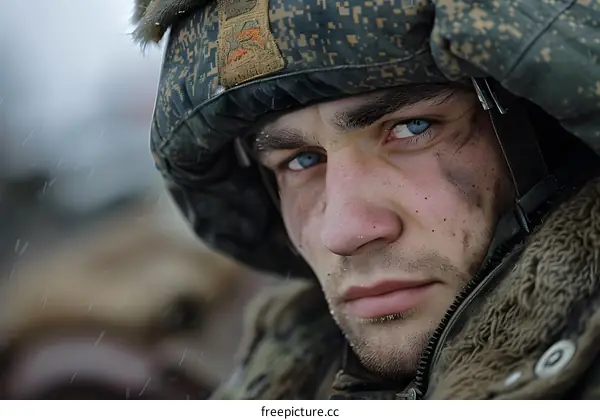 Portrait of a young soldier in winter uniform