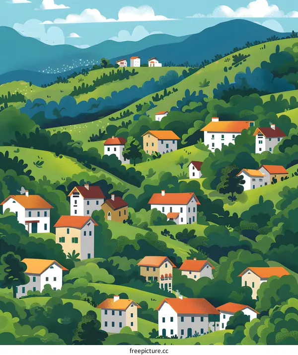 Illustrated Landscape of a Village in the Hills