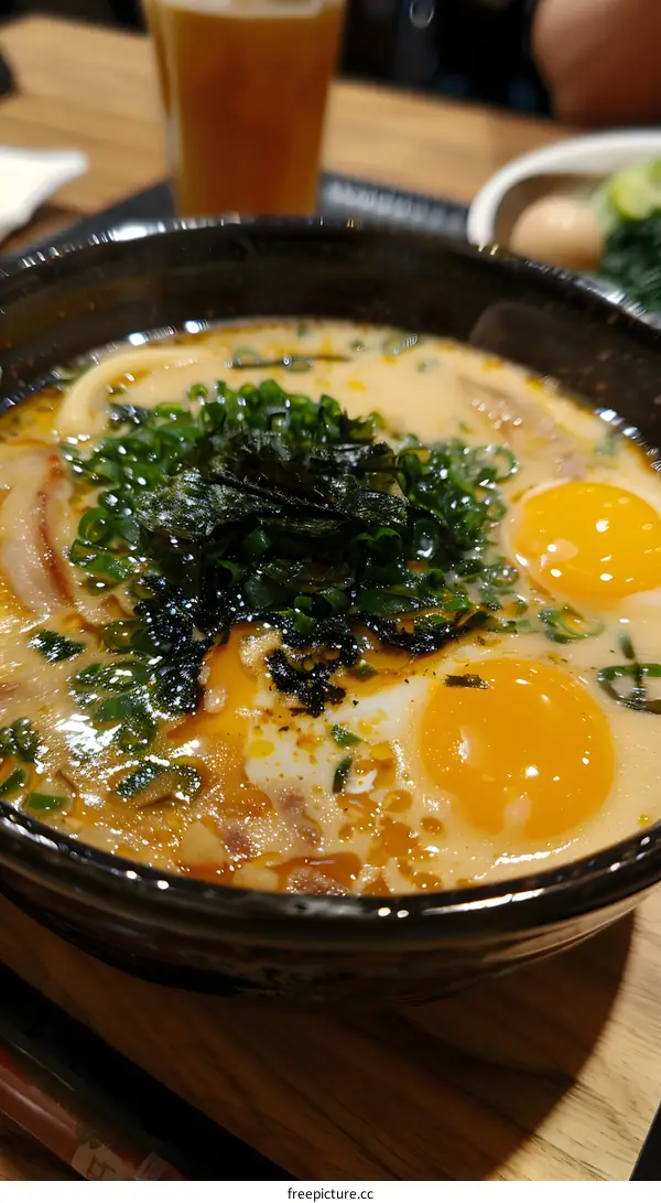 A delicious bowl of ramen with two soft-boiled eggs