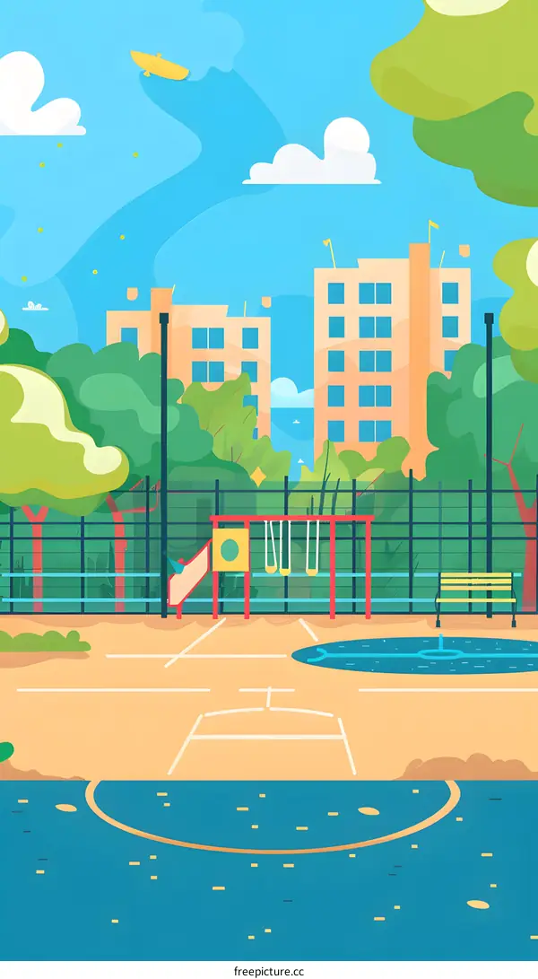 Colorful Cartoon Illustration of a Playground in the City