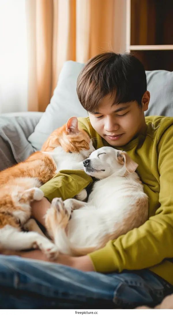 A young man is sleeping on the couch with a cat and a dog