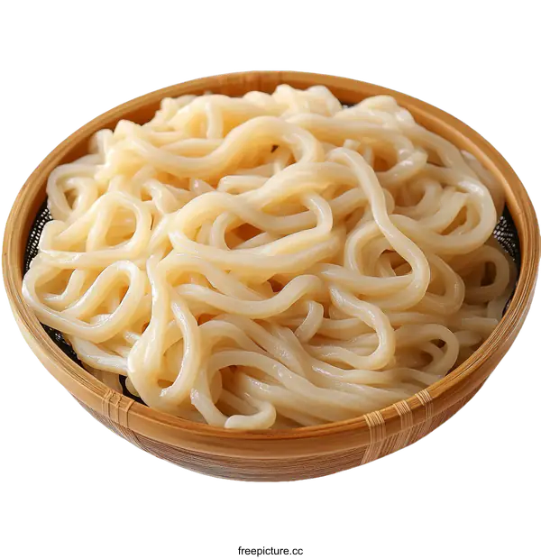 [Transparent Background PNG]Fresh Udon Noodles in a Wooden Colander