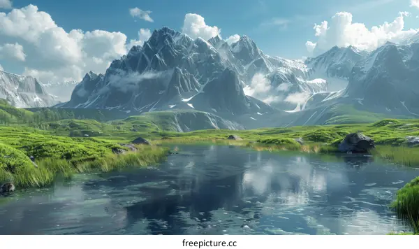 Mountain peak beside a still lake in the mountains with snow