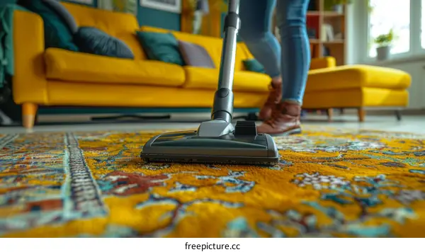 A Person in Jeans and Boots Vacuuming a Colorful Rug in a Living Room