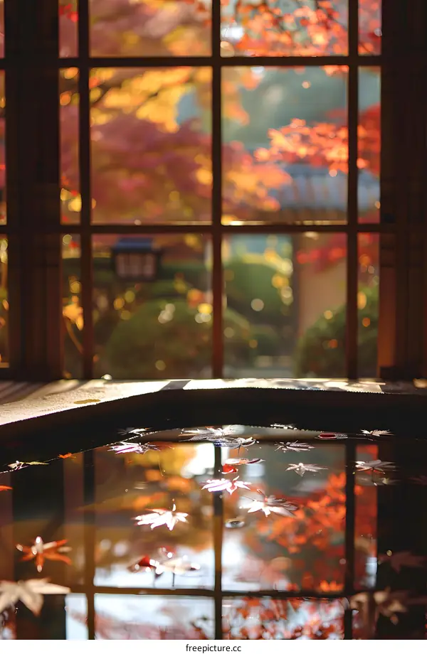 Autumn Leaves Reflecting in a Pond Through a Window