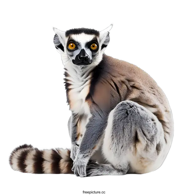 [Transparent Background PNG]Close Up Portrait of a Ring Tailed Lemur Sitting on a White Background