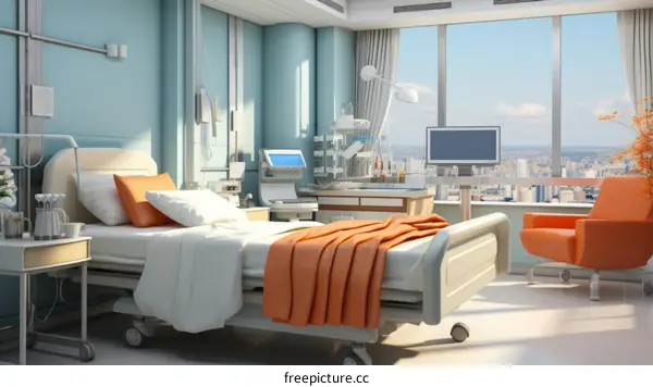 A hospital room with a bed, medical equipment, and a city view