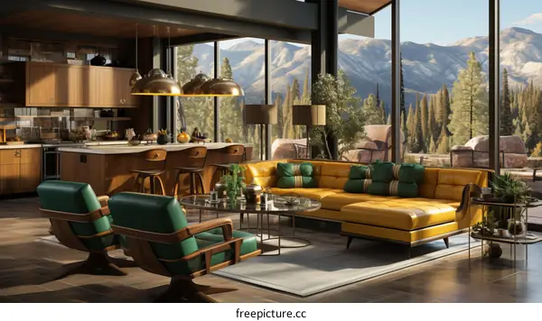Modern mountain home interior living room with large windows and scenic mountain views