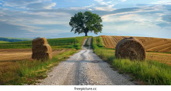 Dirt Road Leading to a Large Oak Tree on a Hilltop