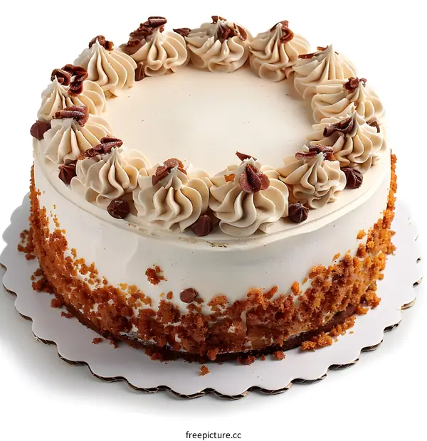 A cake with white frosting and brown sprinkles