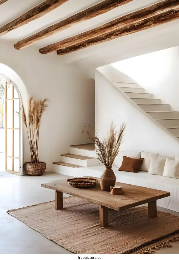 Minimalist Interior Design with White Walls and Wooden Beams