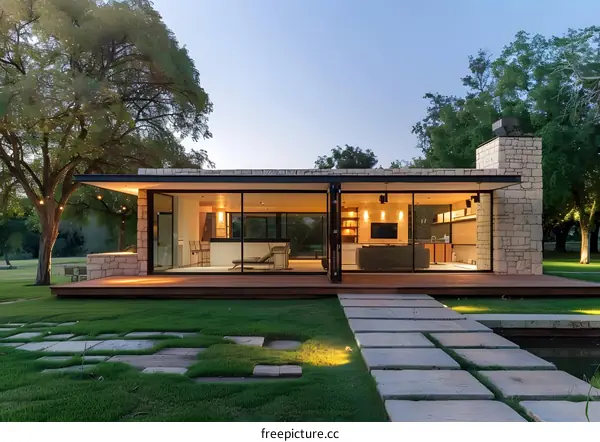 Modern House with Stone Exterior and Large Windows