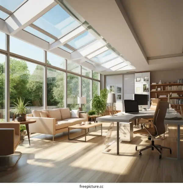 Modern home office with large windows and skylights