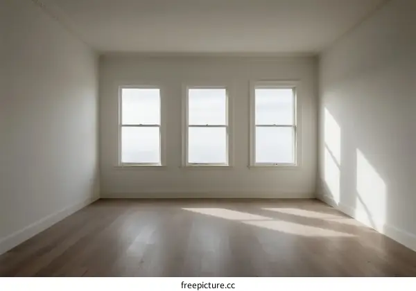 Empty room with three windows and wooden floor