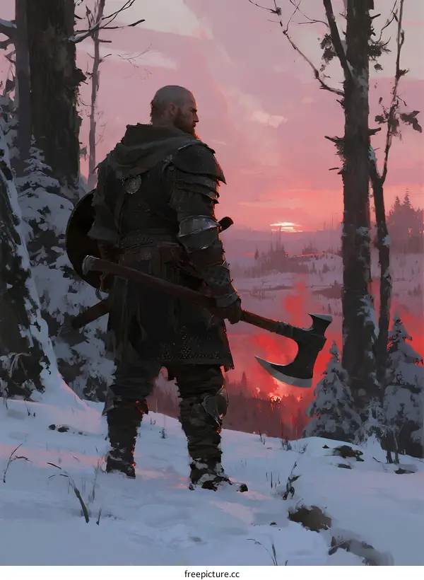 A Viking Warrior Standing in a Snowy Forest at Sunset