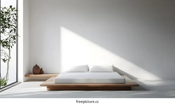 Minimalist Bedroom Interior Design with Wooden Bed and White Wall