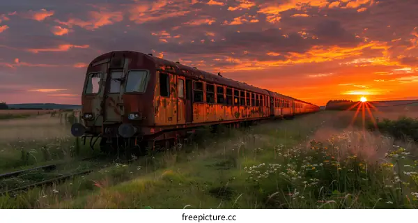 rusty train abandoned in a field with sunset in the background