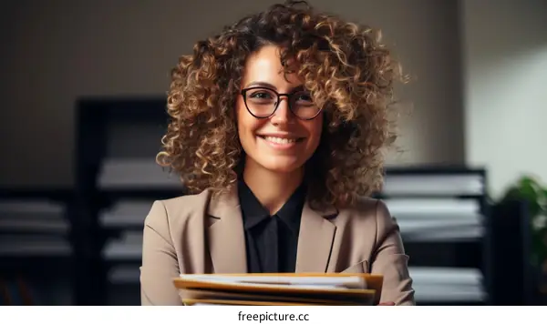 Portrait of a young businesswoman smiling with curly hair wearing glasses and a suit holding a stack of files