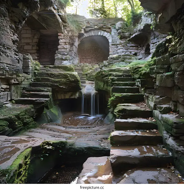 A beautiful natural landscape with a waterfall and stone ruins.