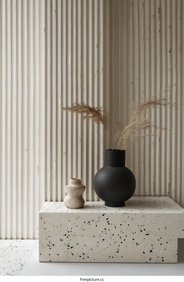 Minimalist Interior Design with Black Vase and Dried Flowers