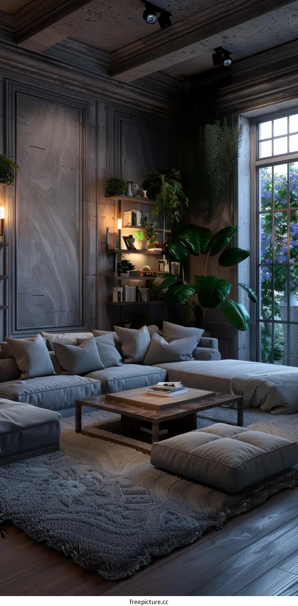 Modern Living Room with Dim Lighting and Plants