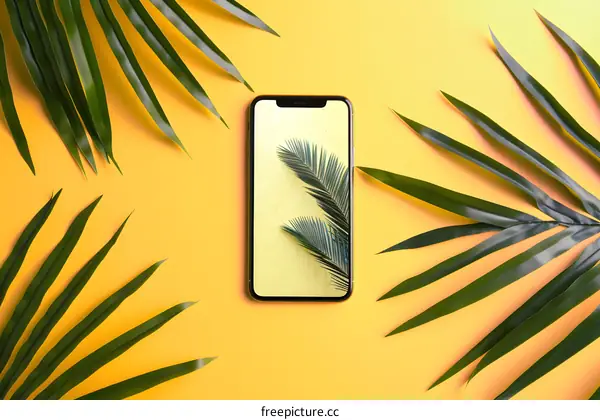 Tropical Leaves with Smartphone on Yellow Background