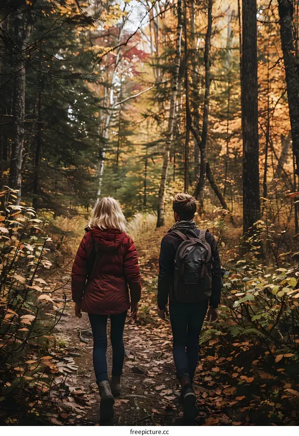 Couple Hiking Through Autumn Forest