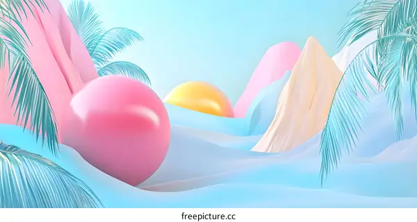 Tropical Abstract Background with Palm Leaves and 3D Shapes