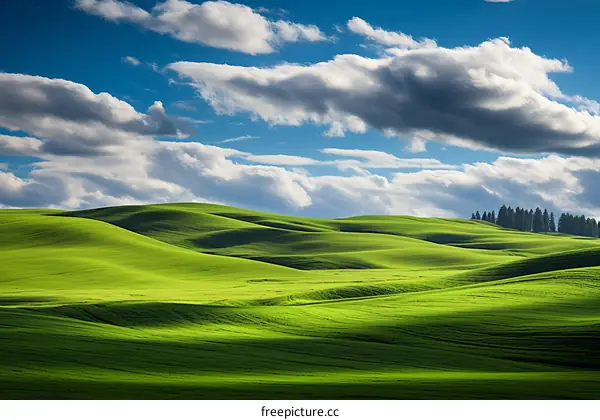 Green rolling hills under a blue sky with white clouds