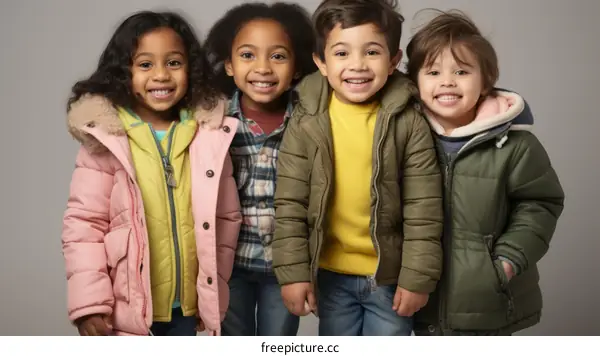 Four happy children wearing colorful winter coats