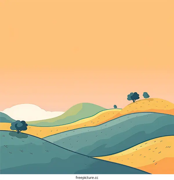 Colorful Hill Landscape Illustration with Sunset Sky