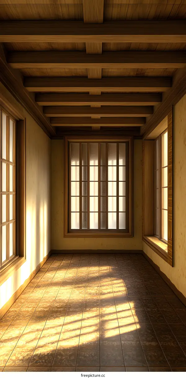 Sunlight Streaming Through Windows in a Modern Wooden Room