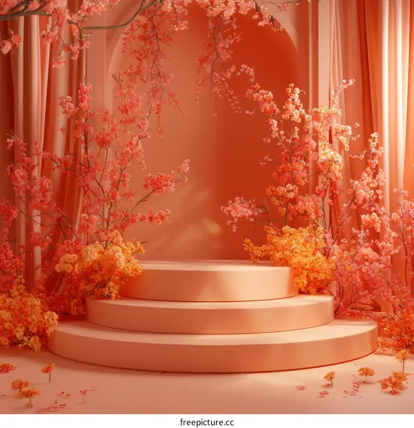 Peach Blossom Stage Design with Soft Lighting