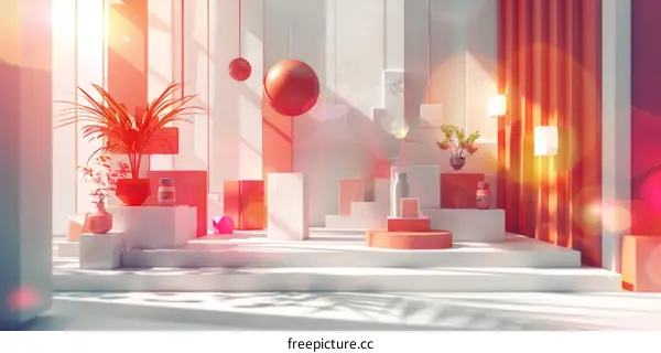 Modern Minimalist Product Display with Geometric Shapes and Plants