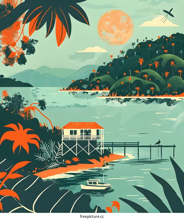 Tropical Island Paradise with Sunset and Palm Trees