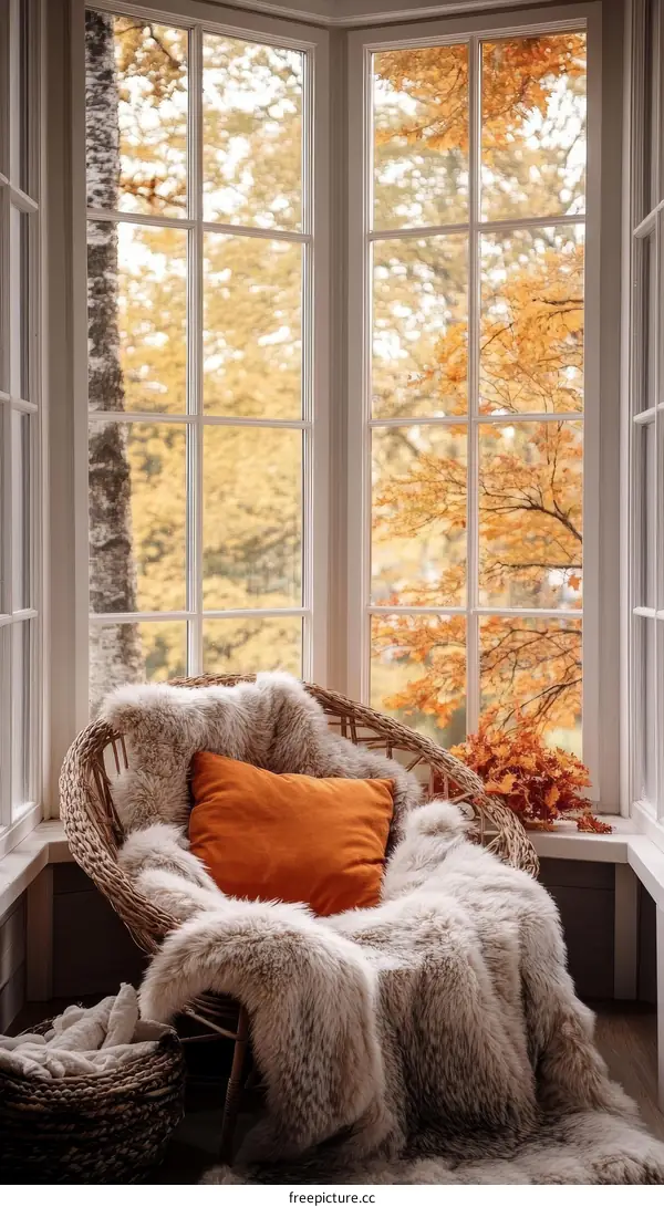 Autumn Cozy Corner Window Seat with Orange Pillow