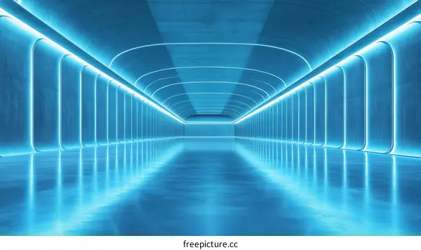 Futuristic Neon Blue Concrete Tunnel Interior